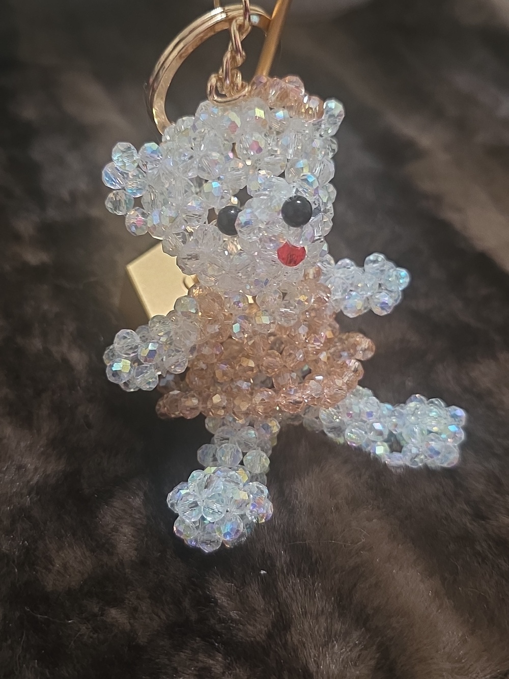 Beaded Teddy Bear Keychain - Pink and Iridescent - Picture 3 of 5